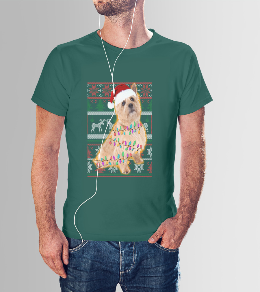 Norfolk Terrier Christmas Lights Sweater Santa Hat T-Shirt