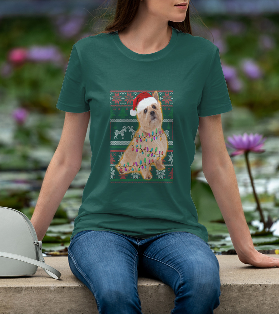 Norfolk Terrier Christmas Lights Sweater Santa Hat T-Shirt