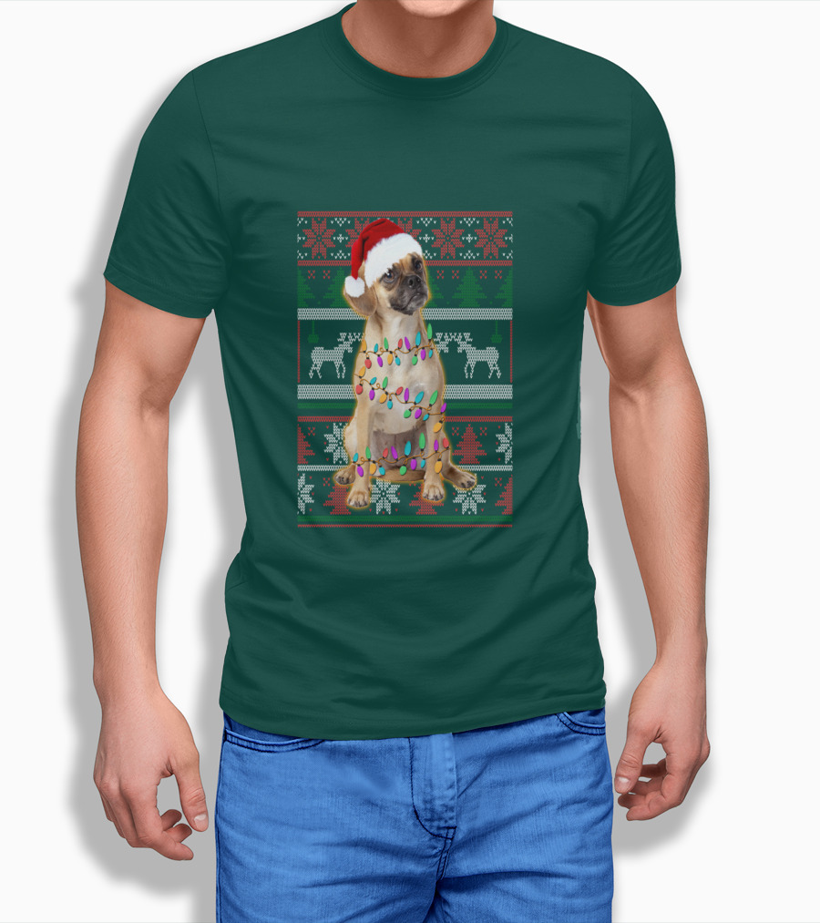 Puggle Christmas Santa Hat with Holiday Lights T-Shirt