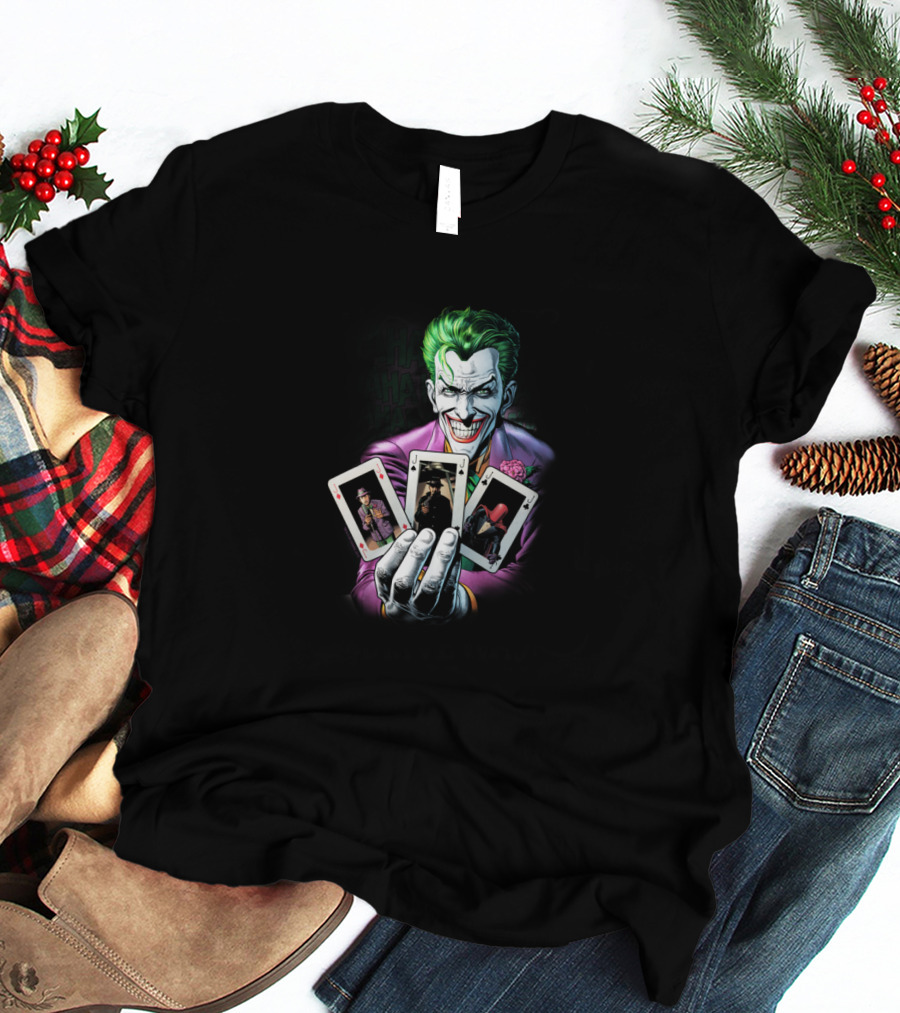 Joker Holding Batman And Red Hood Playing Cards 3 Of A Kind T-Shirt