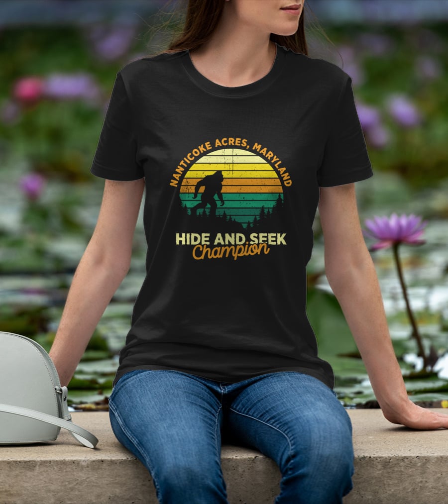 Nanticoke Acres Maryland Bigfoot Hide And Seek Champion Retro Sunset T-Shirt