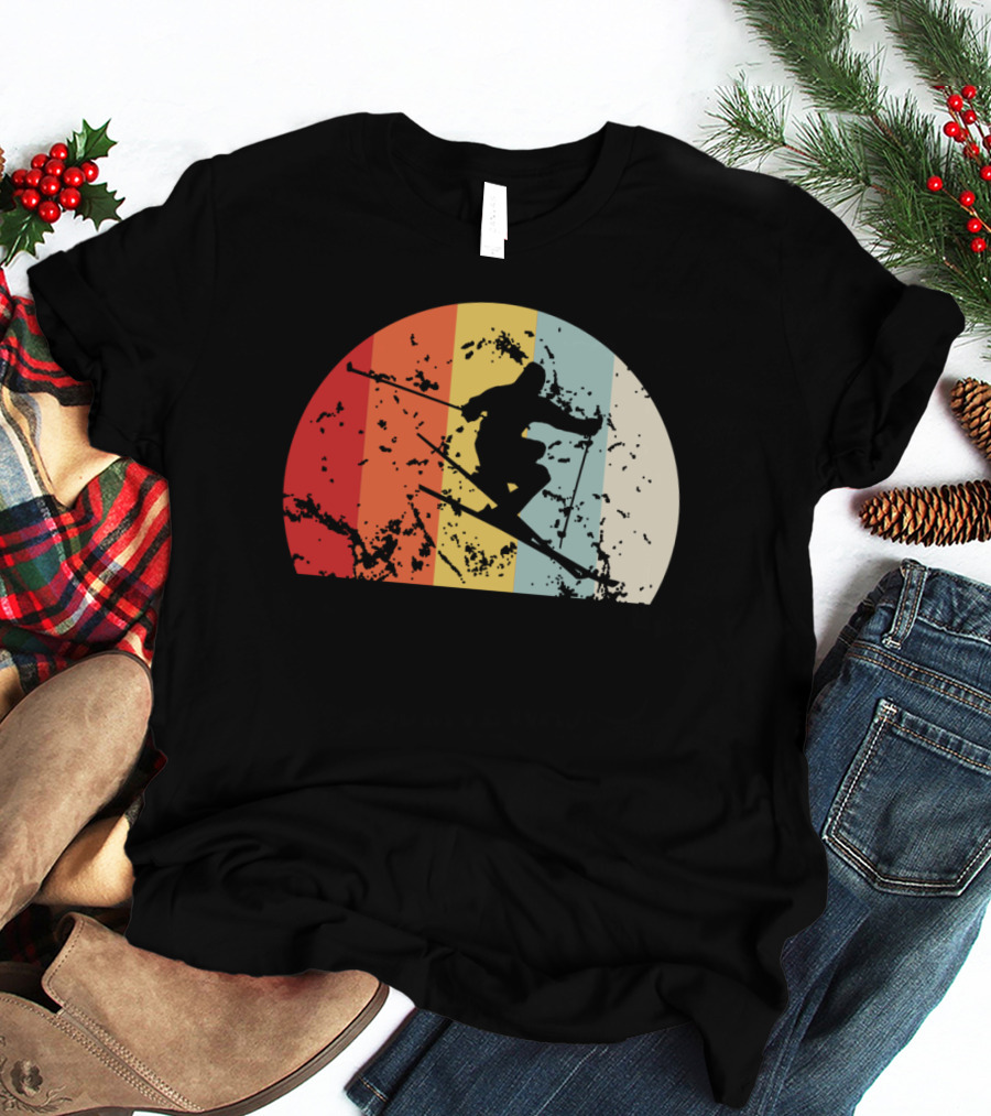 Retro Vintage Skiing Silhouette With Colorful Sunset Stripes T-Shirt