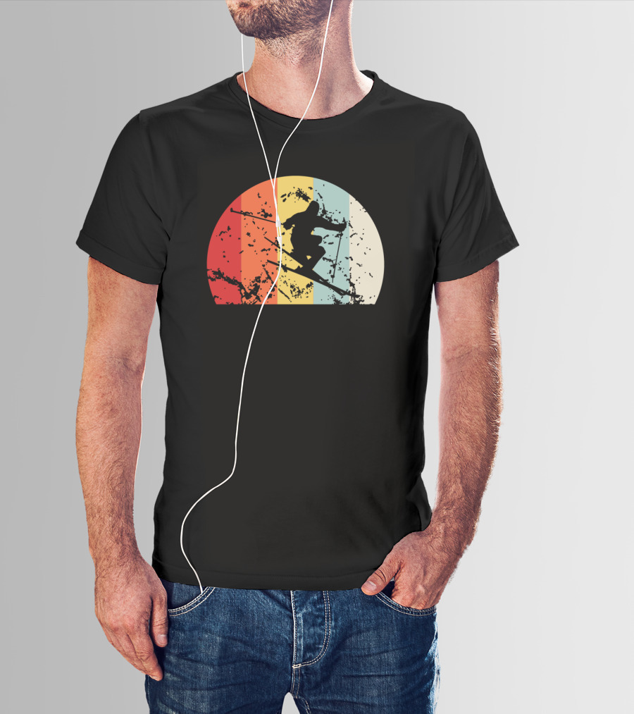 Retro Vintage Skiing Silhouette With Colorful Sunset Stripes T-Shirt