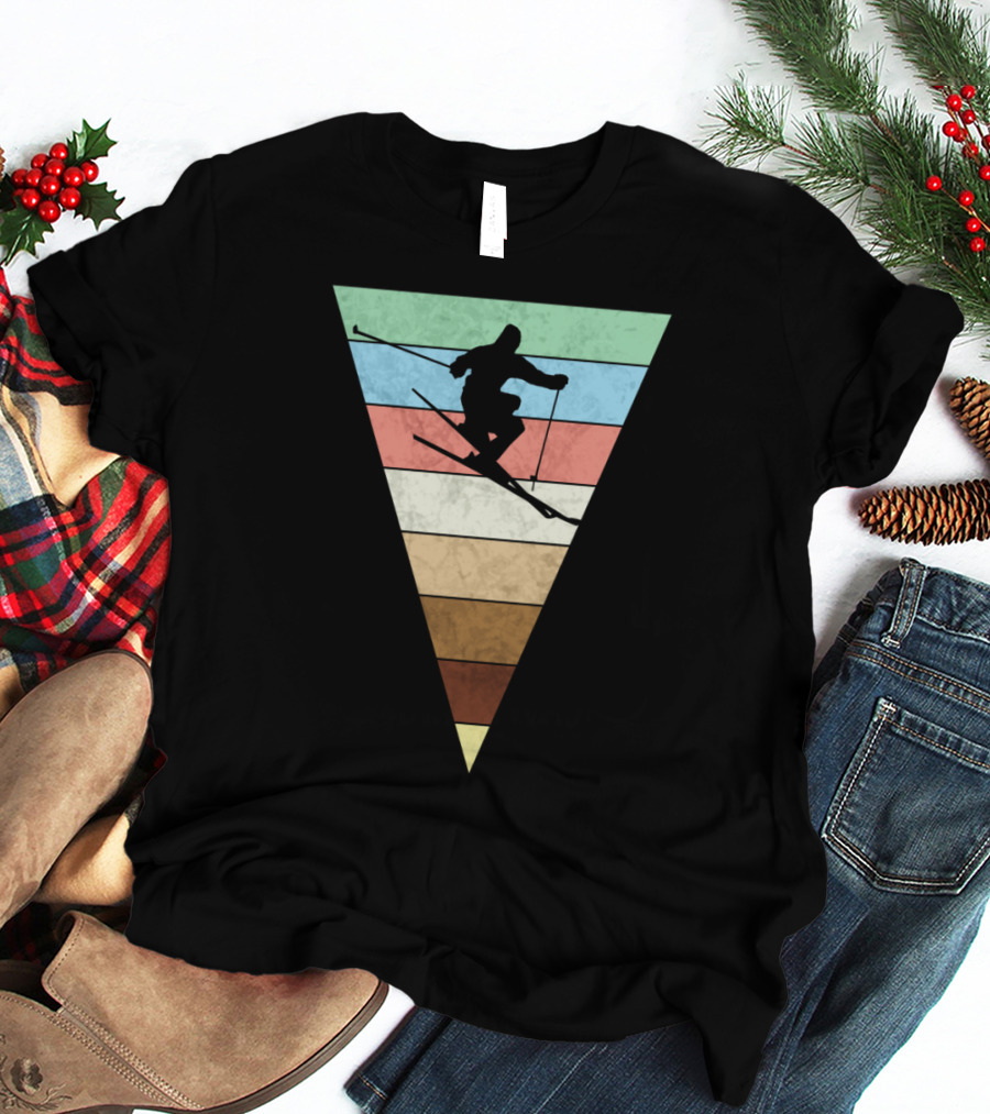 Skiing Vintage Print Silhouette With Retro Stripes For Skiers T-Shirt