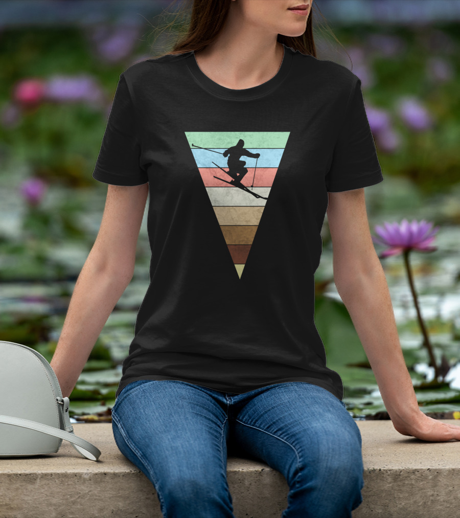 Skiing Vintage Print Silhouette With Retro Stripes For Skiers T-Shirt