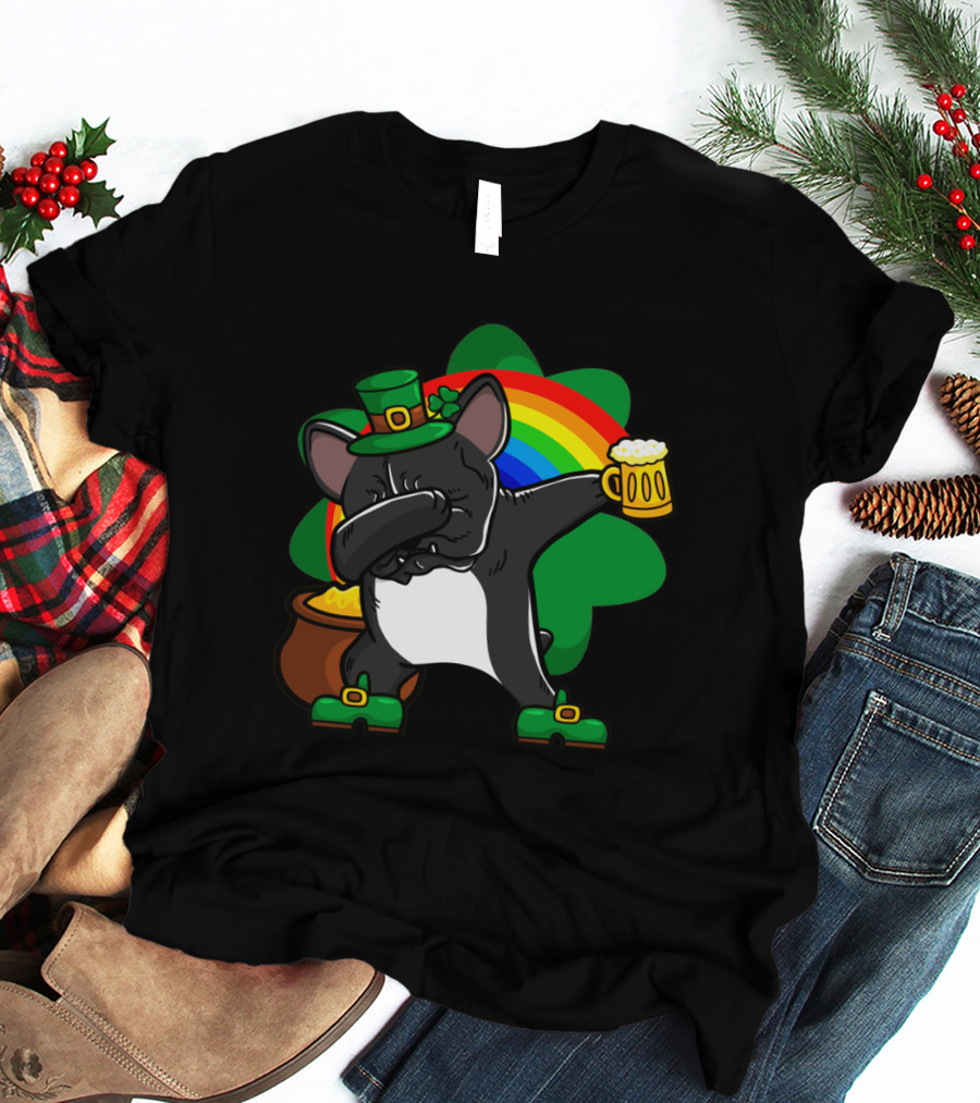 French Bulldog Dabbing Shamrock Rainbow St Patrick's Day T-Shirt