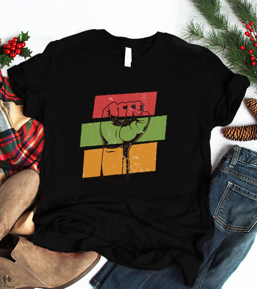Black History Month Fist African American Pride Red Green Yellow Stripes T-Shirt