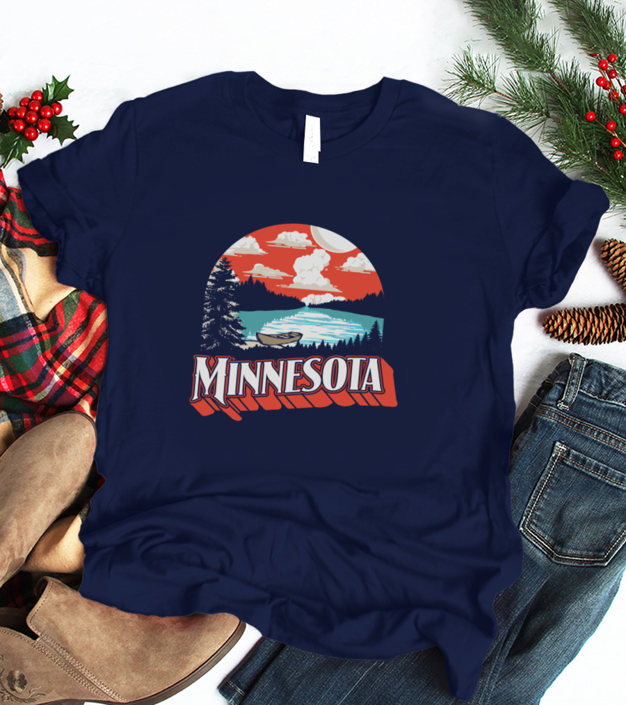 Minnesota Boat On Scenic Vintage Lake With Forest And Sunset Sky T-Shirt