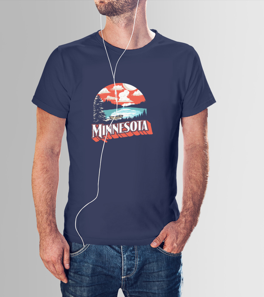 Minnesota Boat On Scenic Vintage Lake With Forest And Sunset Sky T-Shirt
