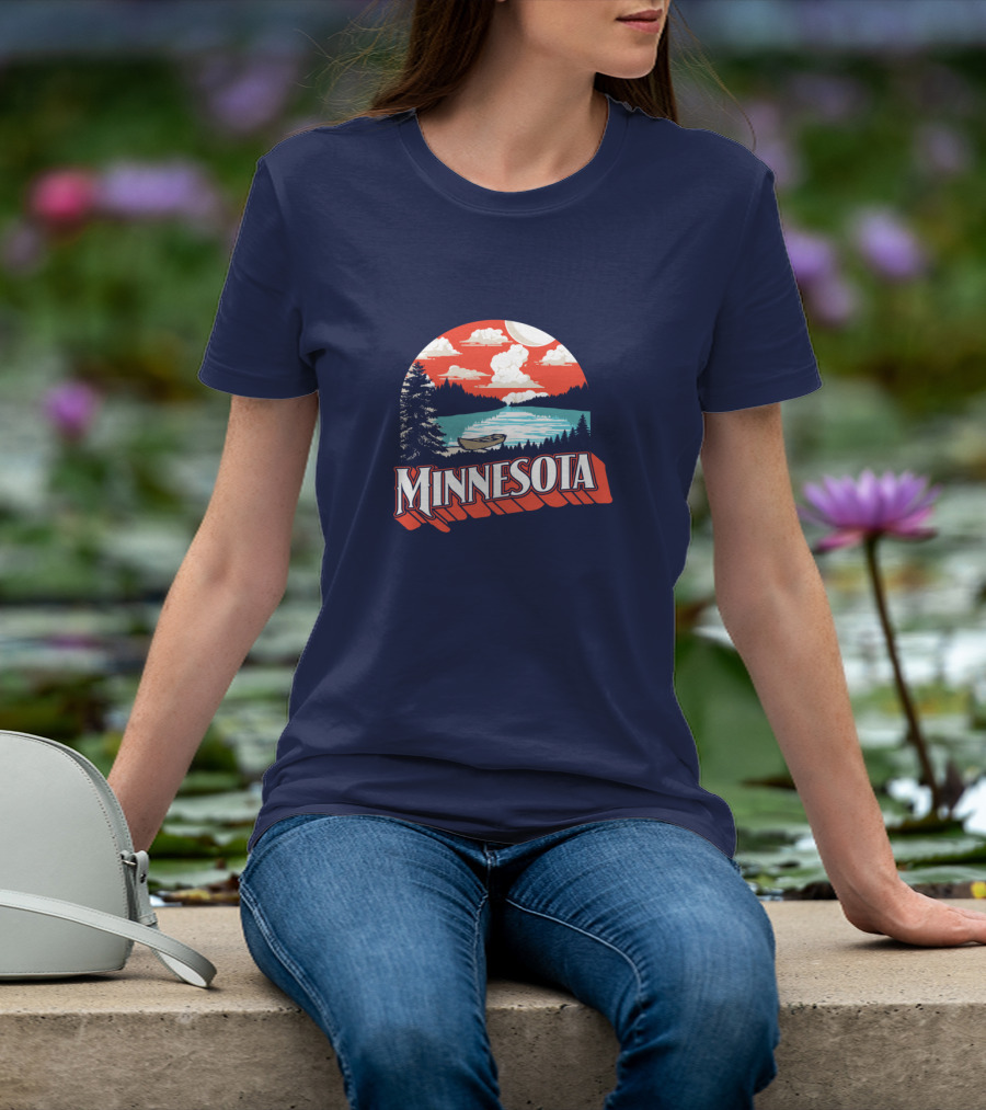 Minnesota Boat On Scenic Vintage Lake With Forest And Sunset Sky T-Shirt