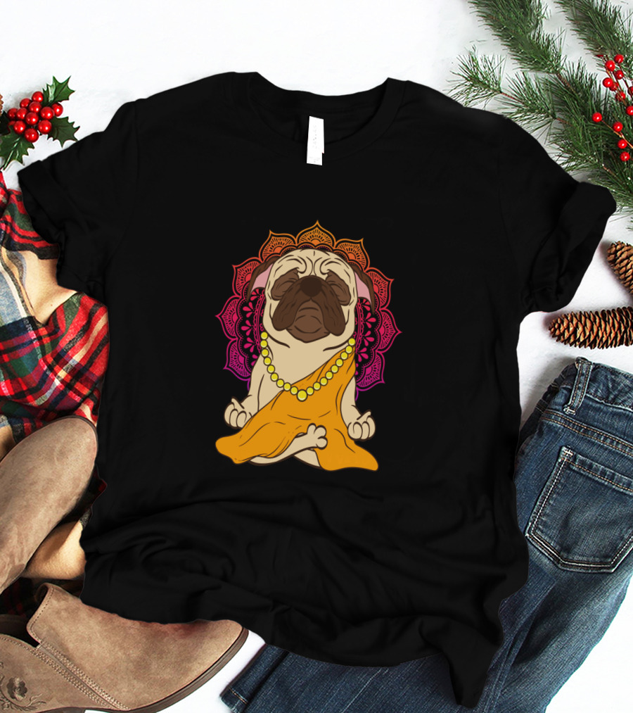 Buddhism Meditation Yoga Pug With Mandala And Beads T-Shirt