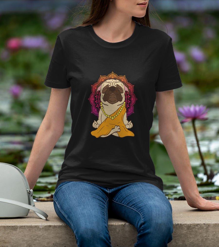 Buddhism Meditation Yoga Pug With Mandala And Beads T-Shirt
