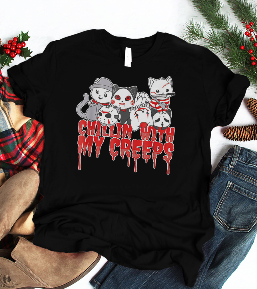 Chillin With My Creeps Halloween Cats In Costumes T-Shirt