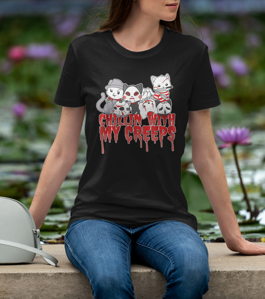 Chillin With My Creeps Halloween Cats In Costumes T-Shirt