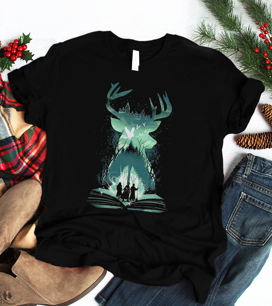 Witchcraft And Wizardry Magical Stag With Castle Silhouette And Book Portal T-Shirt