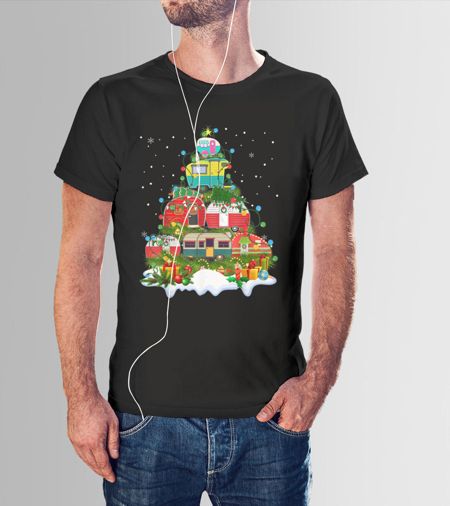 Christmas Tree Made Of Colorful Camping Trailers With Snowflakes And Presents T-Shirt