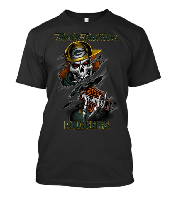 Harley Davidson Green Bay Packers Skull With Cap T-Shirt