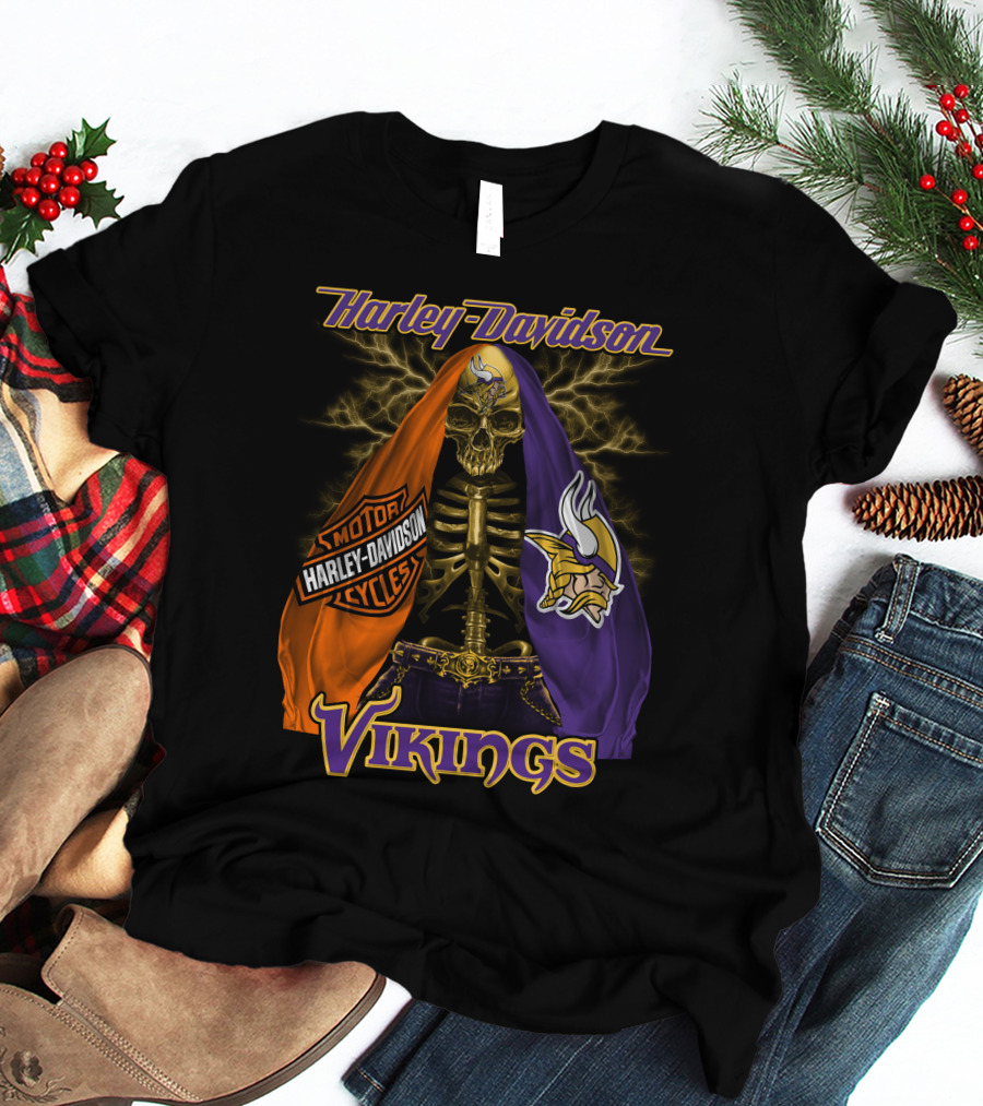Harley Davidson Minnesota Vikings Motorcycle Skeleton T-Shirt