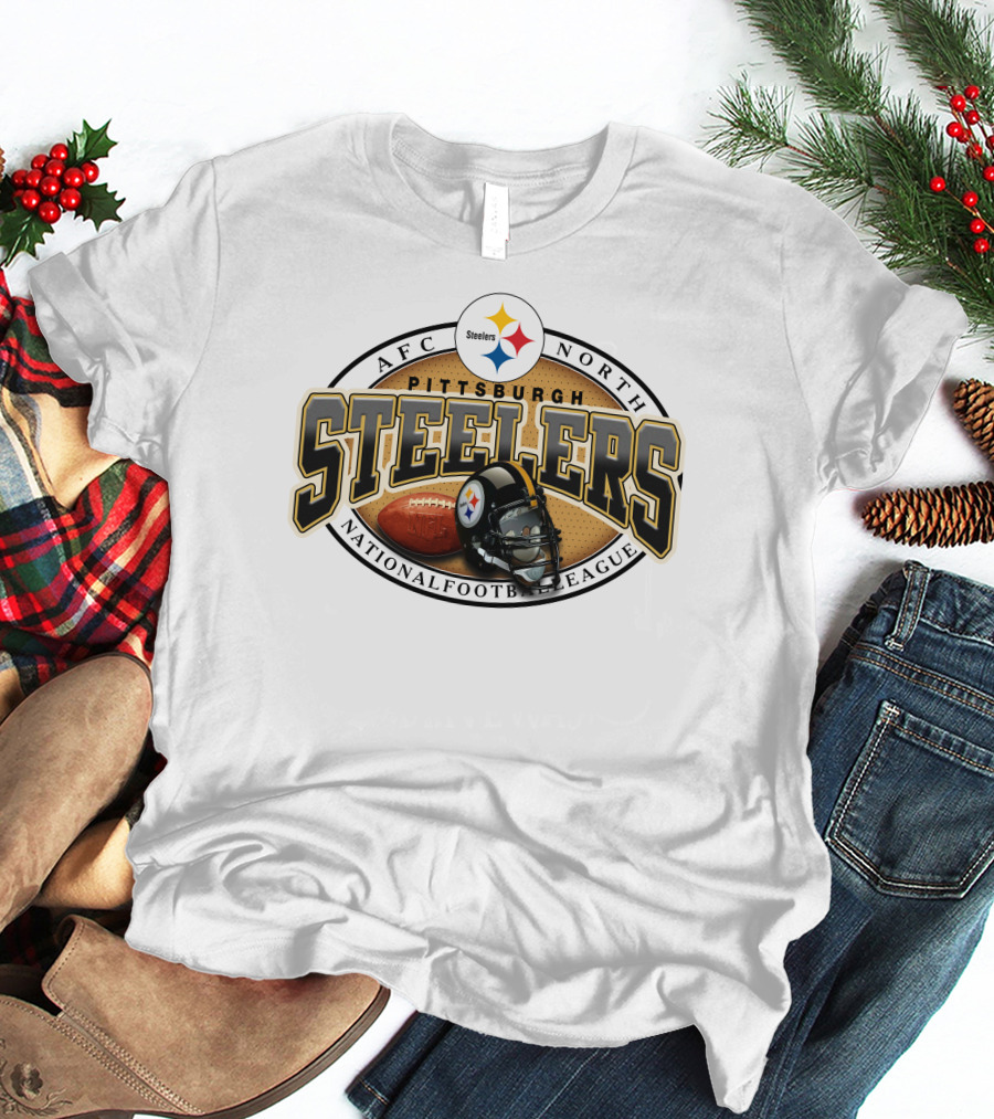 Pittsburgh Steelers AFC North National Football League Logo And Helmet With Football On Grey Background T-Shirt