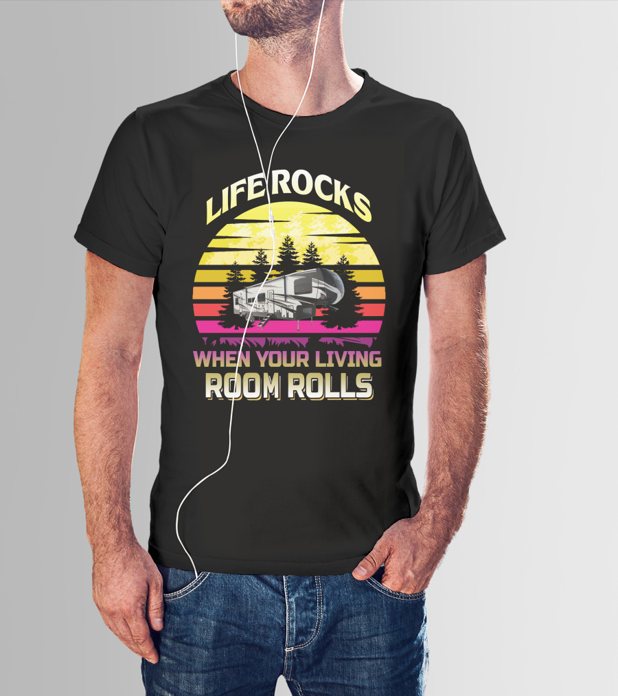 LIFE ROCKS WHEN YOUR LIVING ROOM ROLLS Heartland Torque 3 Sunset Camper Forest T-Shirt