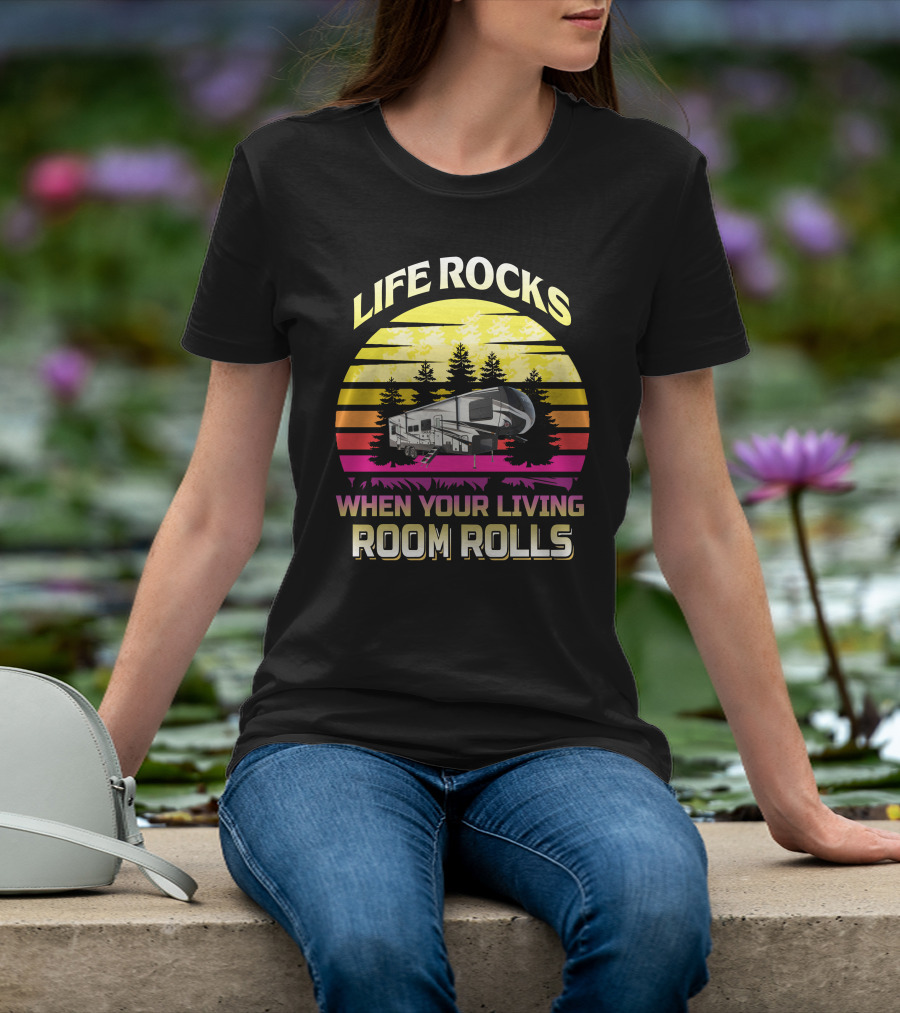 LIFE ROCKS WHEN YOUR LIVING ROOM ROLLS Heartland Torque 3 Sunset Camper Forest T-Shirt