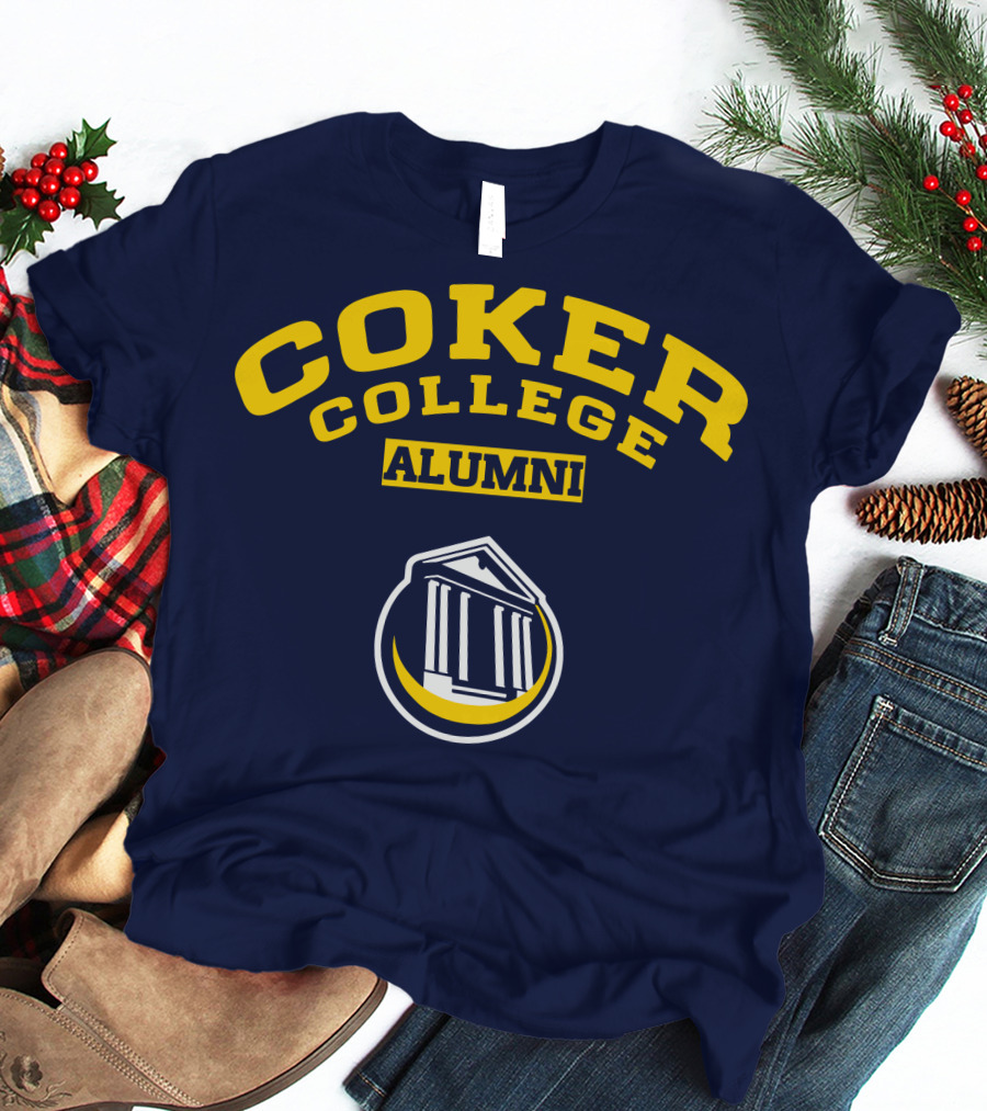 Coker College Alumni Yellow And Navy Blue Text With Greek Temple T-Shirt