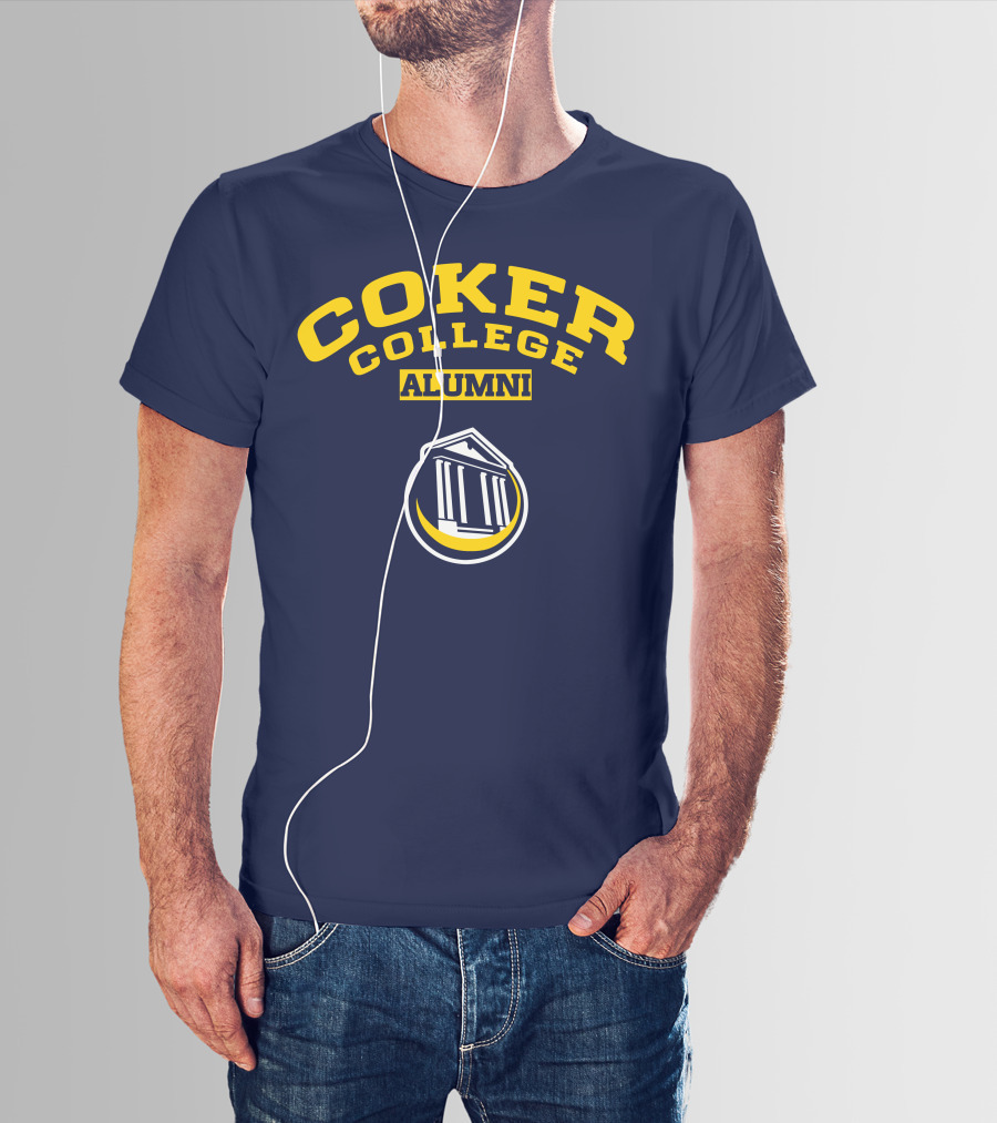Coker College Alumni Yellow And Navy Blue Text With Greek Temple T-Shirt