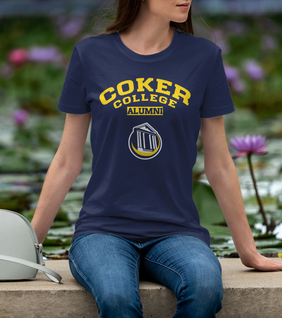Coker College Alumni Yellow And Navy Blue Text With Greek Temple T-Shirt