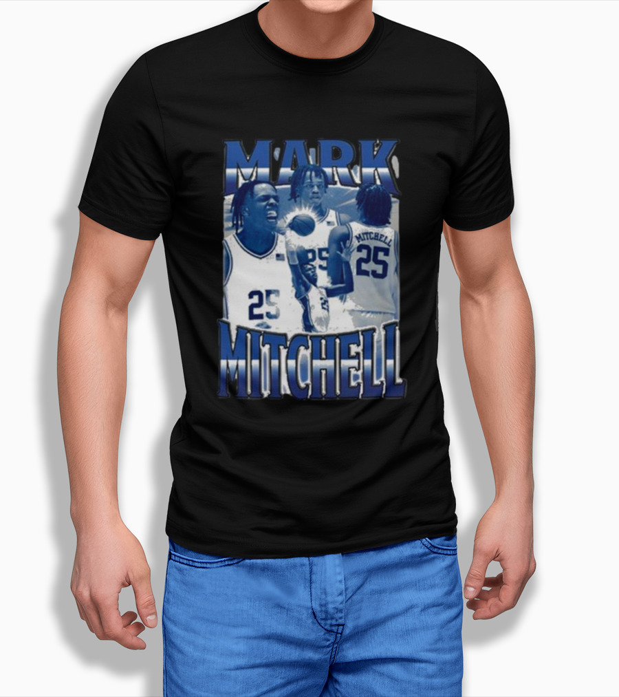 Mark Mitchell 25 Basketball Collage Blue And White T-Shirt