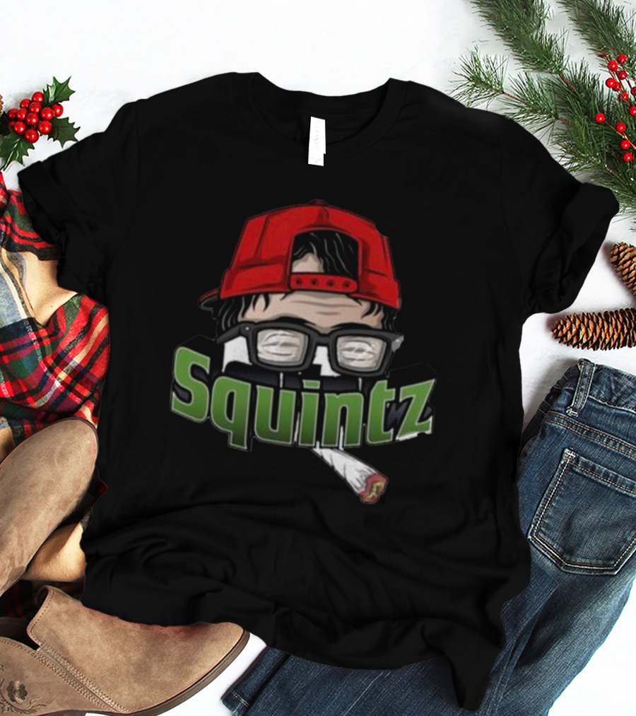 Squintz Cartoon Character With Glasses And Red Cap Smoking T-Shirt