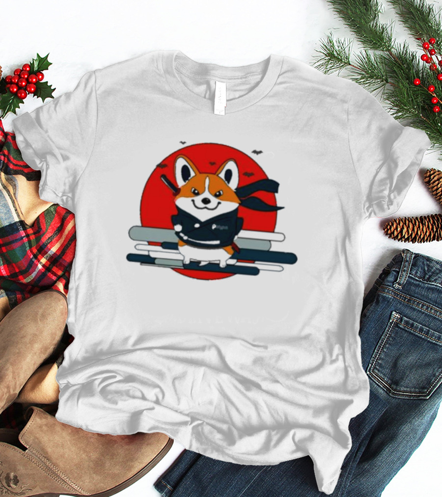 Ninja Corgi Red Sun With Bats T-Shirt