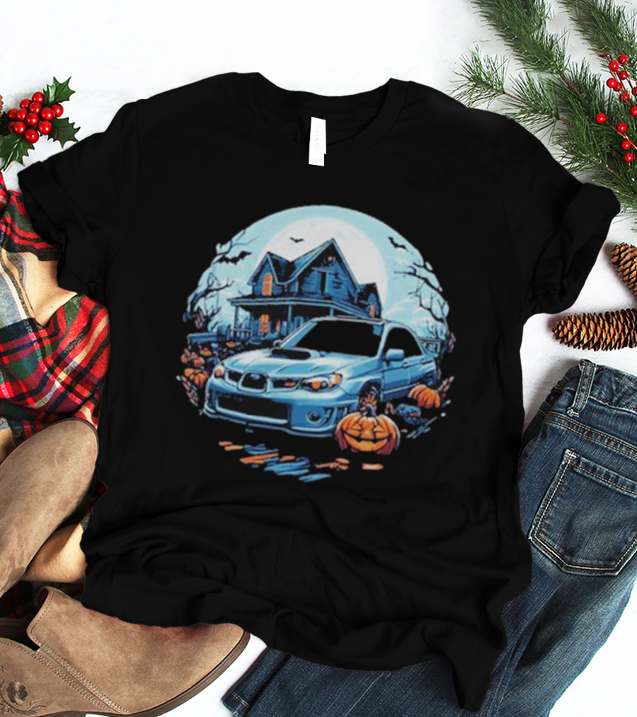 The Car Scene Network Halloween Haunted House With Pumpkins And Bats T-Shirt
