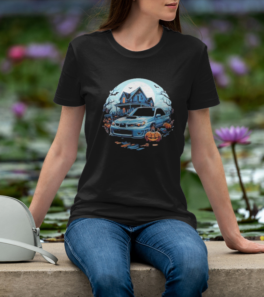 The Car Scene Network Halloween Haunted House With Pumpkins And Bats T-Shirt