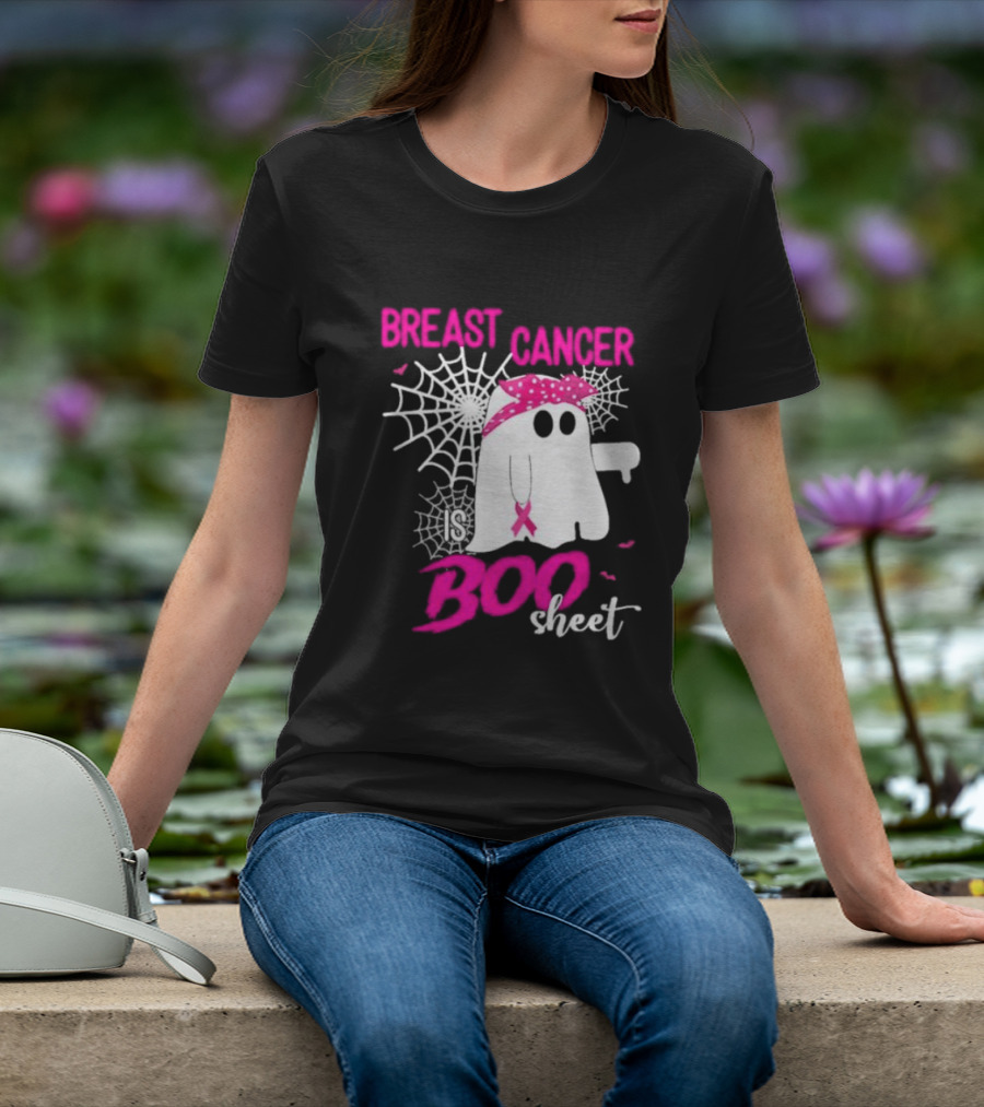 Breast Cancer Is Boo Sheet Halloween Ghost With Pink Ribbon And Spider Webs T-Shirt