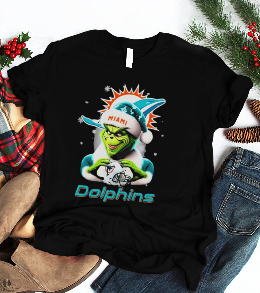 Miami Dolphins Christmas Grinch Santa Hat T-Shirt