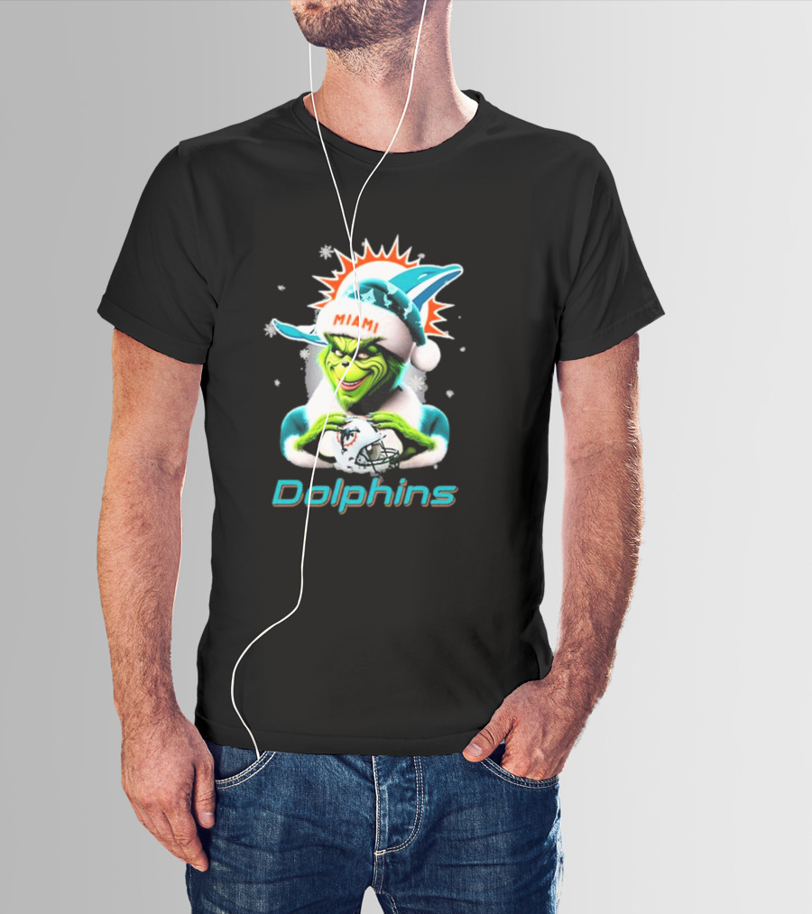 Miami Dolphins Christmas Grinch Santa Hat T-Shirt