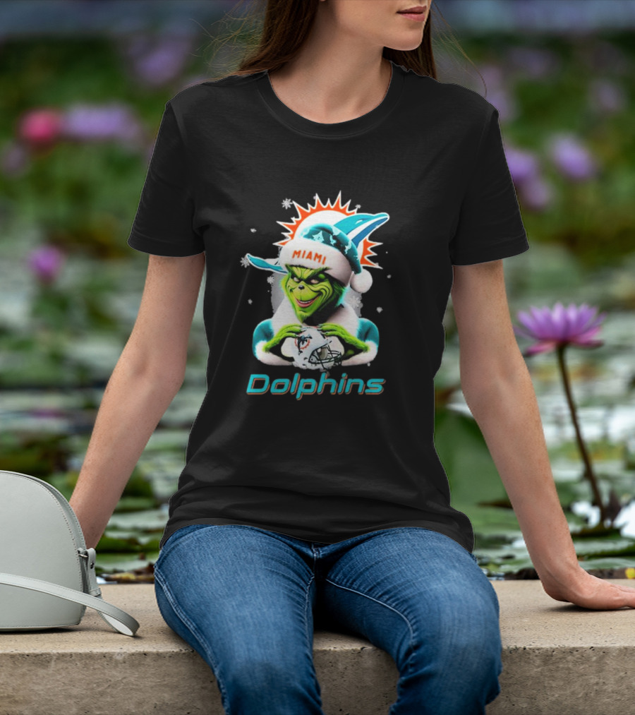 Miami Dolphins Christmas Grinch Santa Hat T-Shirt