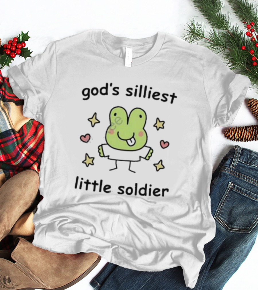 God's Silliest Little Soldier Cute Cartoon Frog With Stars And Hearts T-Shirt