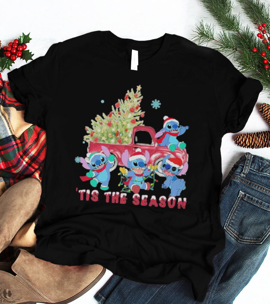Stitch Tis The Season Christmas Santa Claus With Tree And Truck T-Shirt