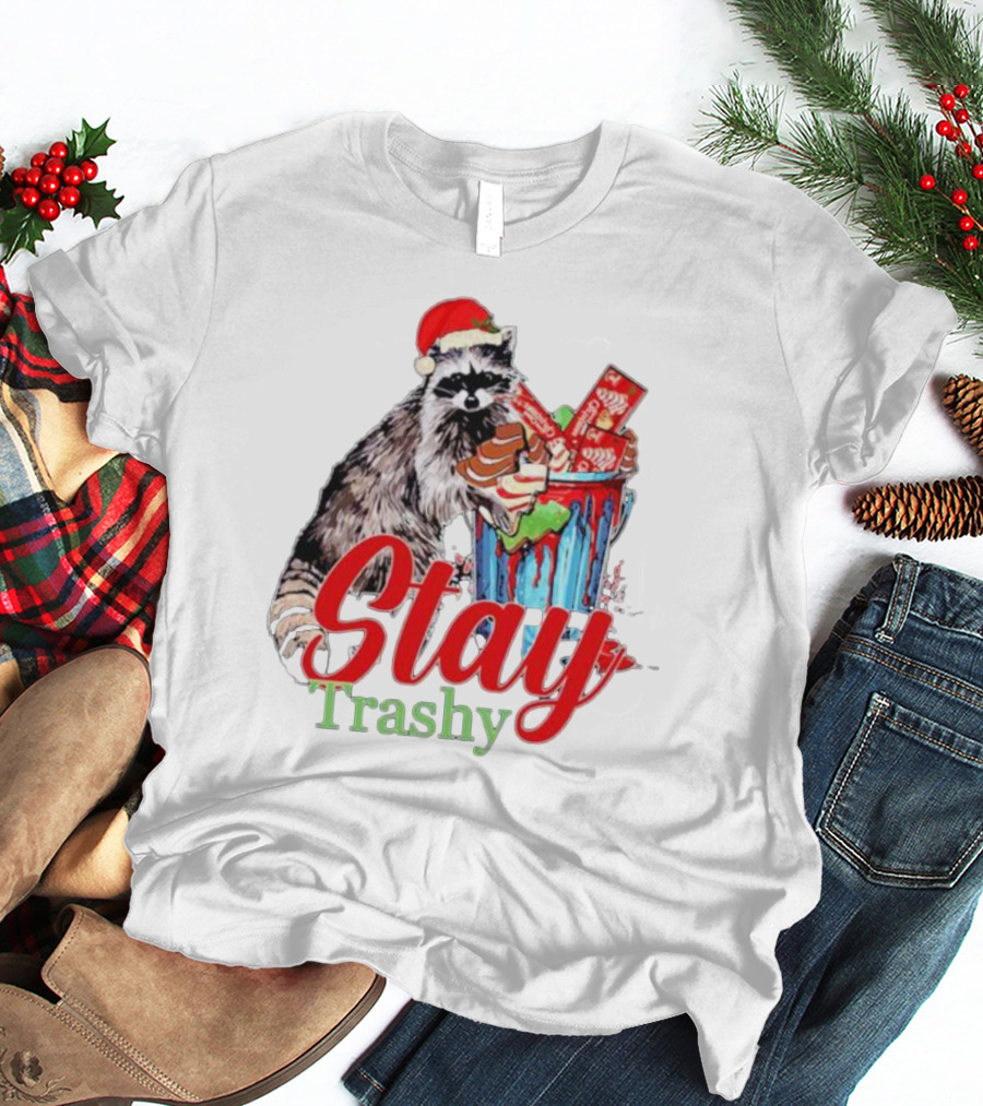Stay Trashy Christmas Raccoon Xmas Lover With Santa Hat T-Shirt