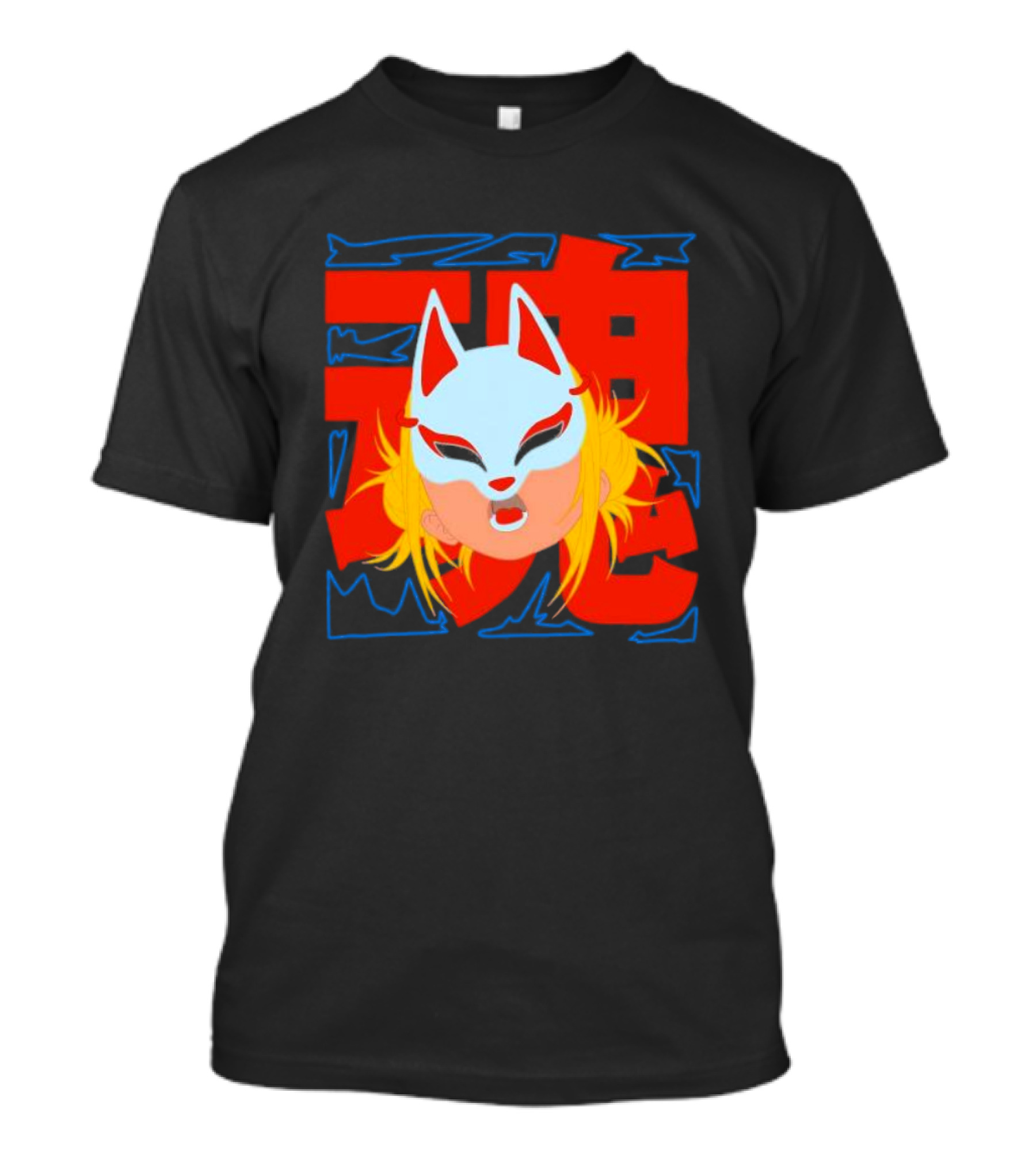 Kitsune Catori Mask With Red Kanji And Blond Hair T-Shirt
