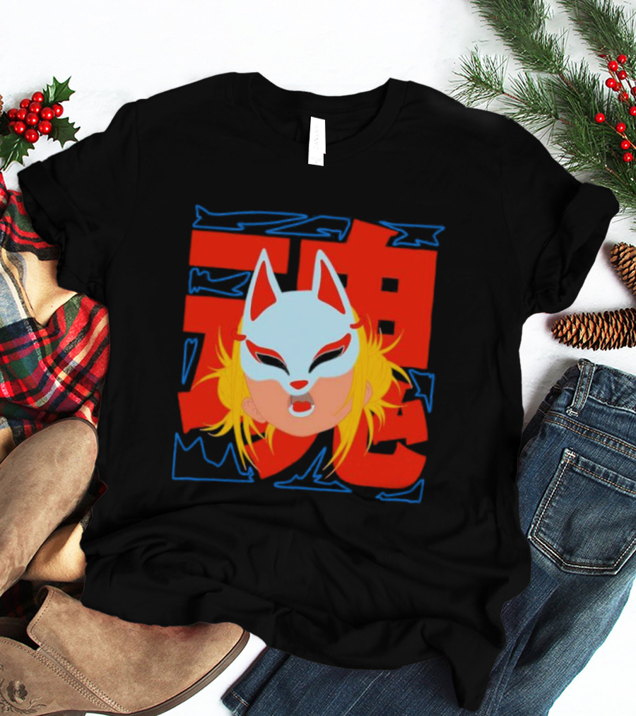Kitsune Catori Mask With Red Kanji And Blond Hair T-Shirt