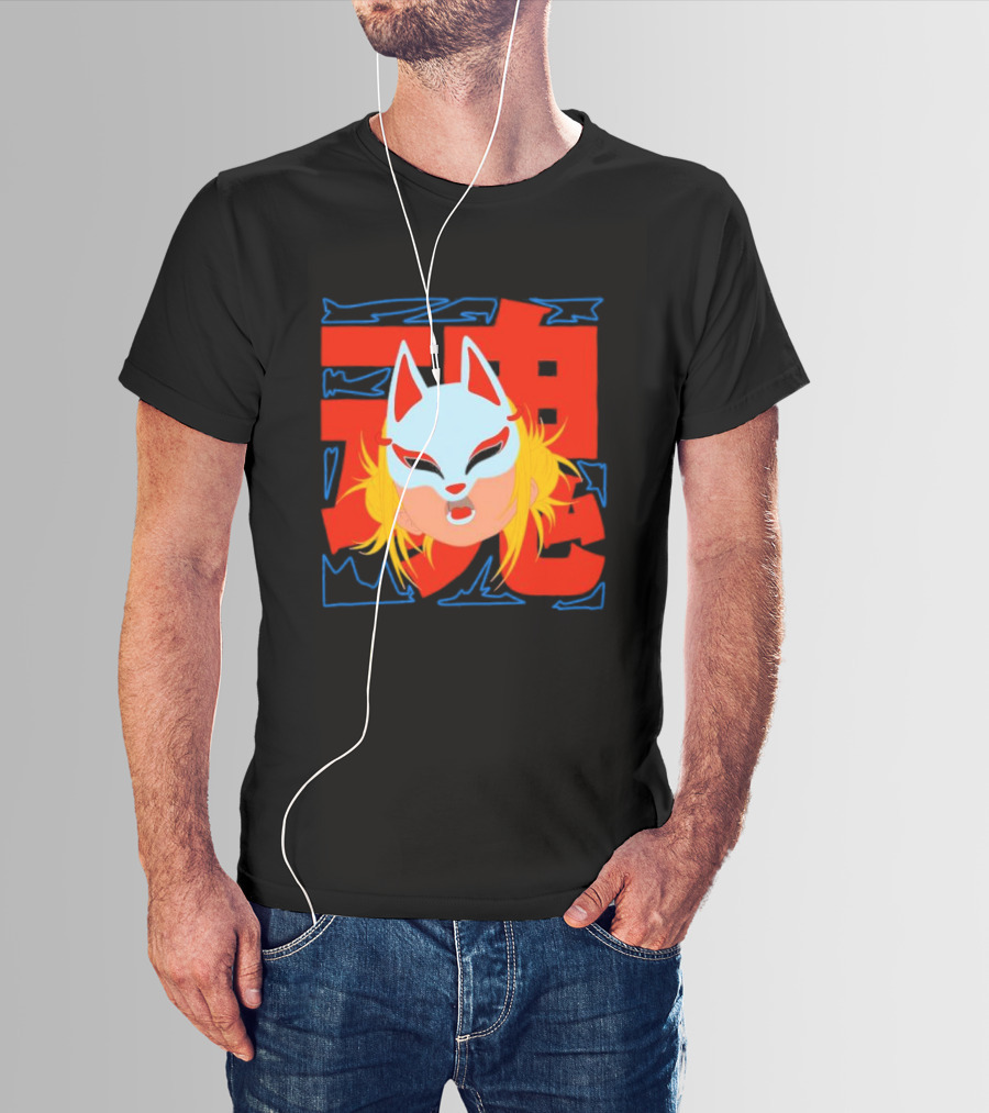 Kitsune Catori Mask With Red Kanji And Blond Hair T-Shirt