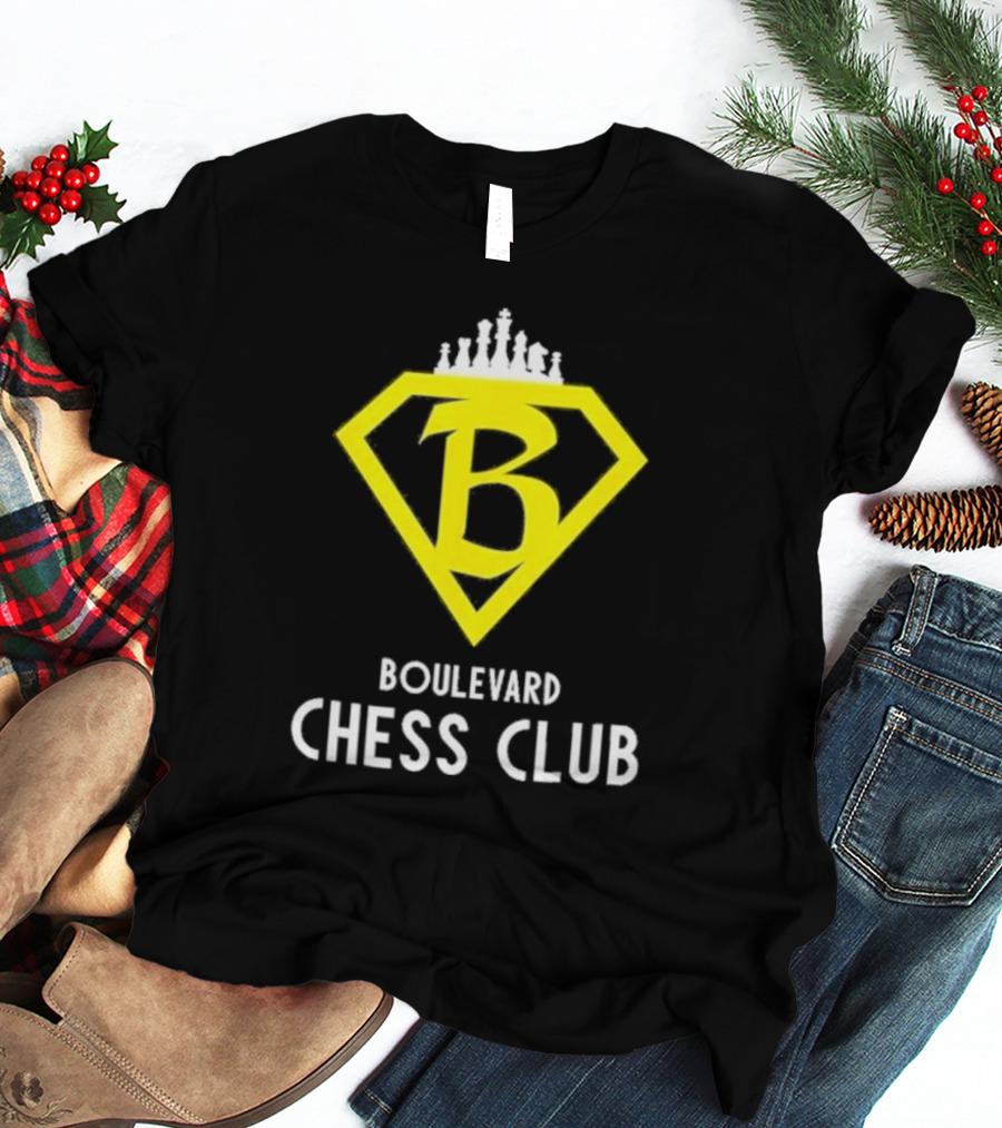 Boulevard Chess Club Logo With Yellow Diamond And Chess Pieces T-Shirt