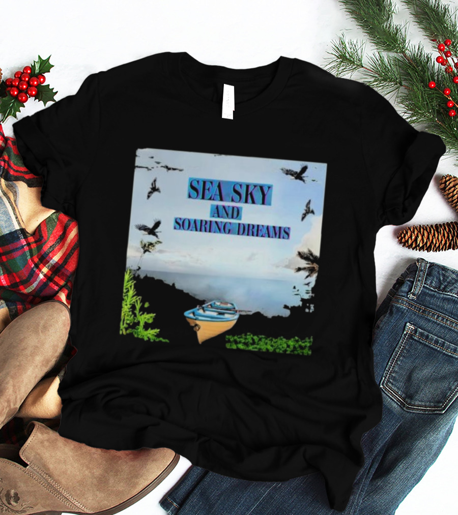 SEA SKY AND SOARING DREAMS WITH BIRDS AND BOAT IN NATURE SCENE T-Shirt