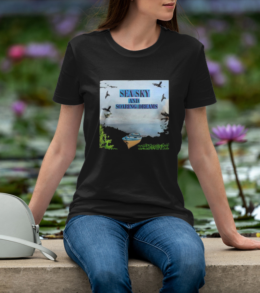 SEA SKY AND SOARING DREAMS WITH BIRDS AND BOAT IN NATURE SCENE T-Shirt