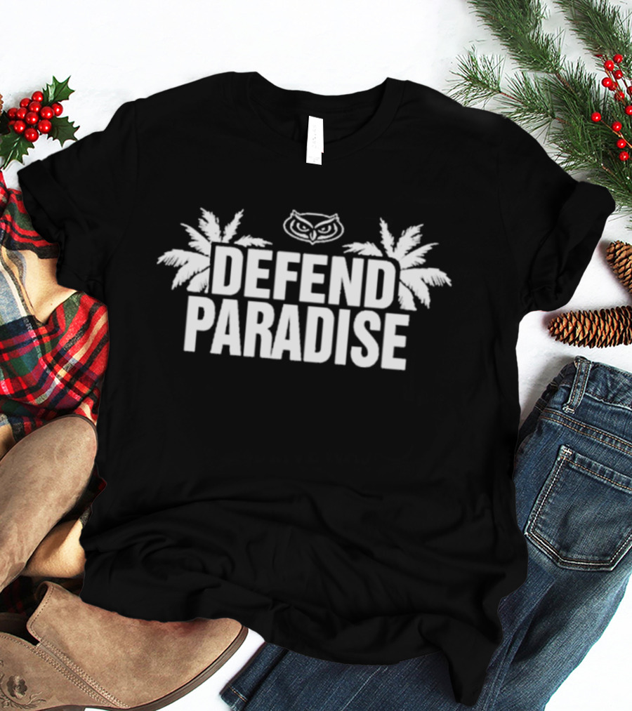 Defend Paradise Florida Atlantic Owl Logo Palm Trees T-Shirt