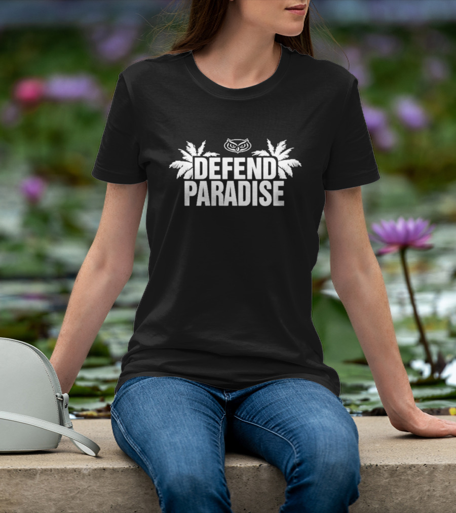 Defend Paradise Florida Atlantic Owl Logo Palm Trees T-Shirt