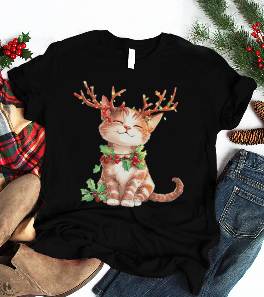 Cute Cat With Reindeer Antlers And Christmas Tree Lights T-Shirt