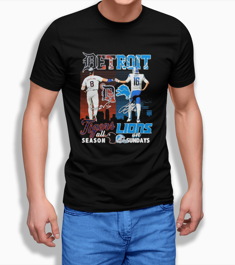 Detroit Tigers All Season X Detroit Lions On Sundays Detroit Tigers Lions Logos Sports Icons Collaboration T-Shirt